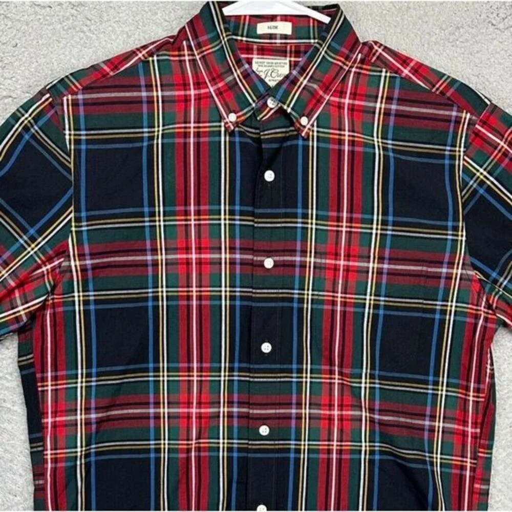 J Crew Shirt Mens Medium Black Multi Plaid Organic Cotton Blend Slim Button Down